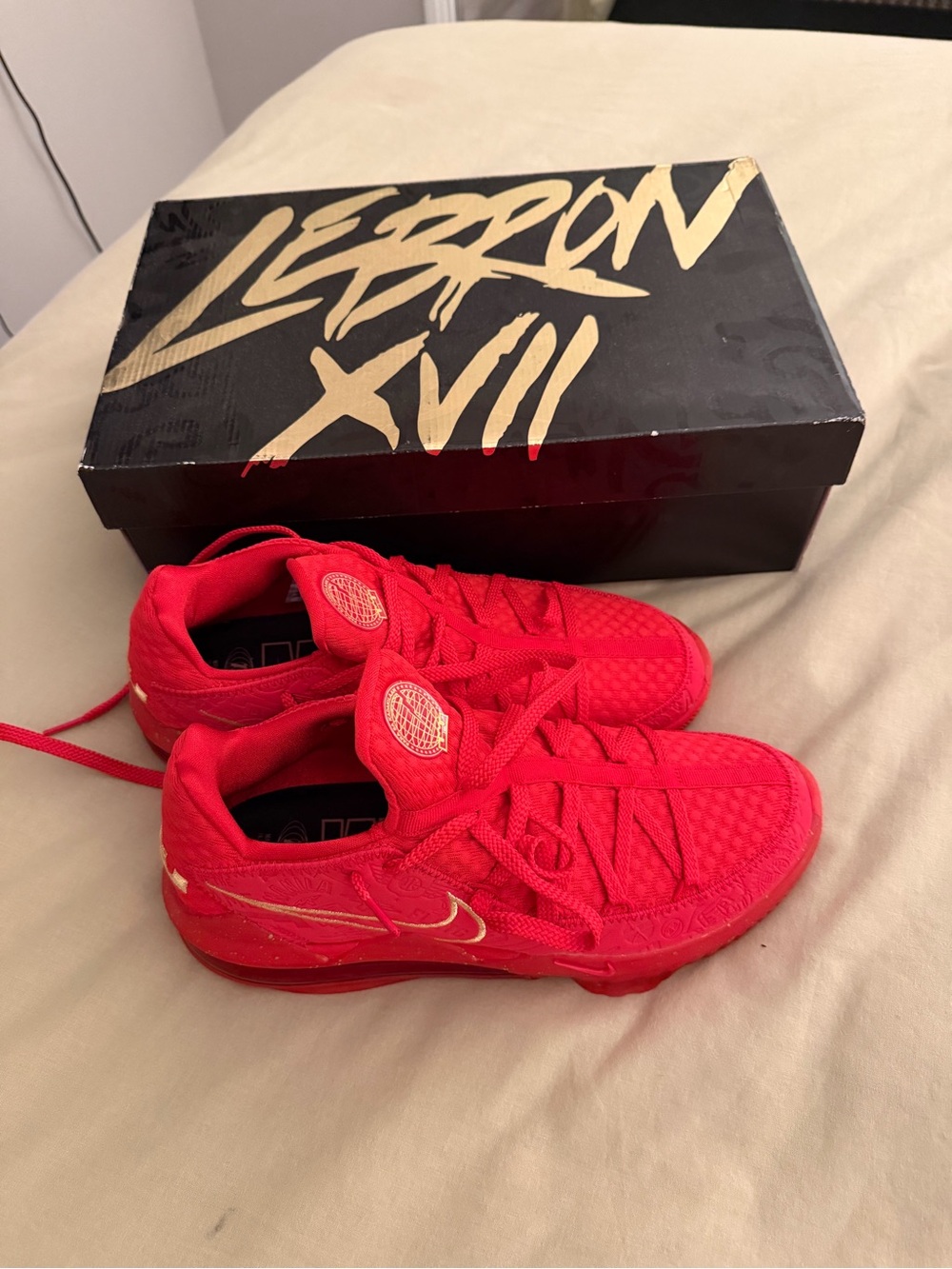 Nike LeBron XVII Red with Gold Accents Basketball Shoes - NEW